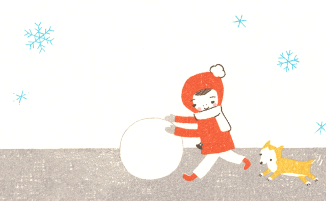 雪だるまを作る女の子と犬の背景イラスト横長