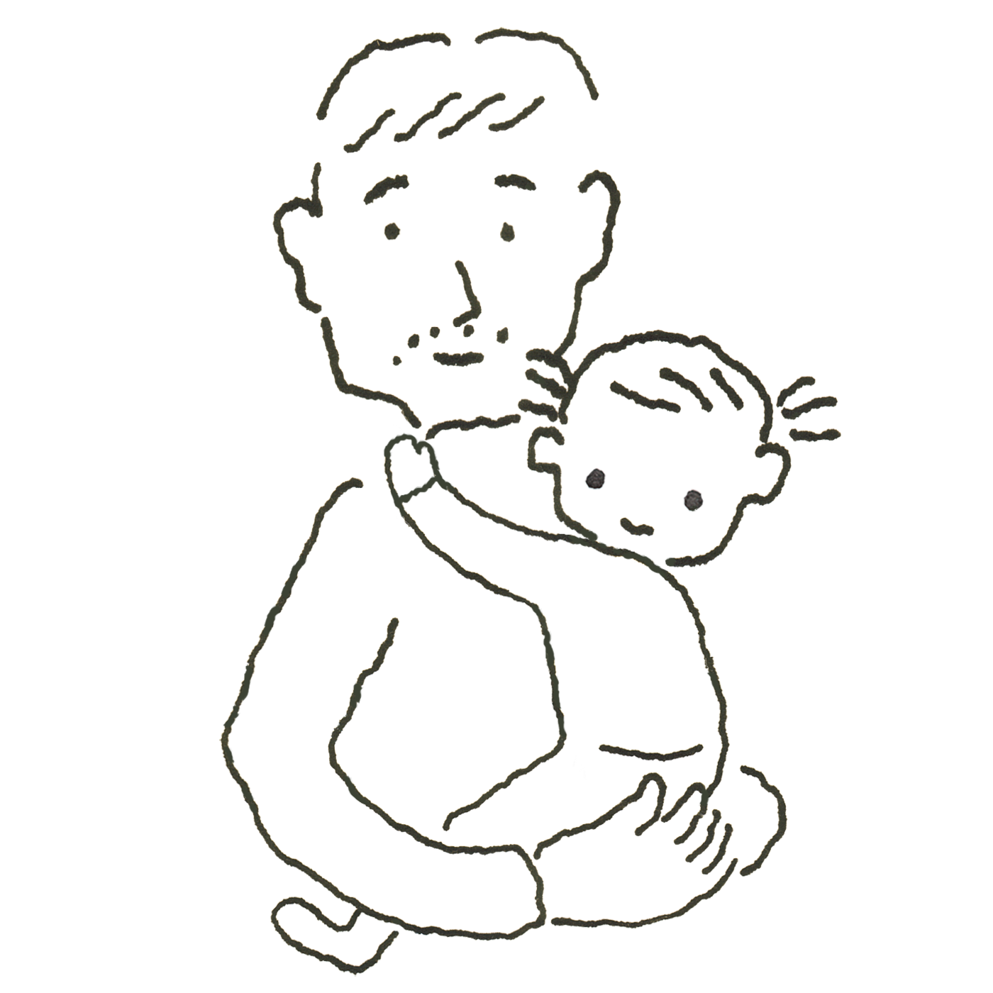 お父さんが小さな娘を抱っこしているモノクロ線画の無料イラスト