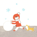 冬、雪だるまを作る女の子と犬の背景イラスト正方形
